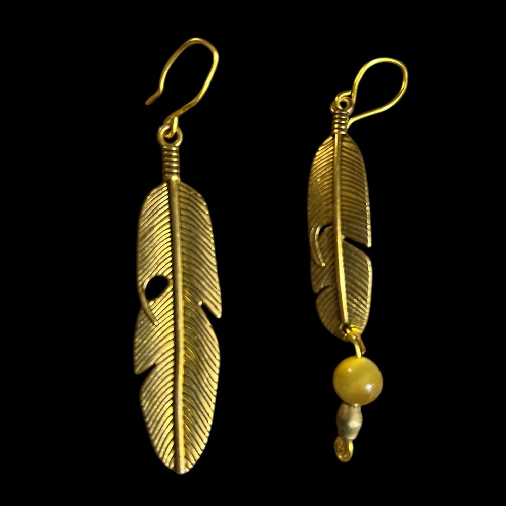 Handmade Mismatch Misfit Feather Gold Tone with Pietersite Bead Dangle Earrings